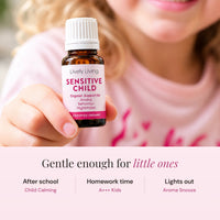 Child holding a bottle of Lively Living Sensitive Child certified organic oil, with the text Gentle enough for little ones and suggested blends for after school, homework time and lights out