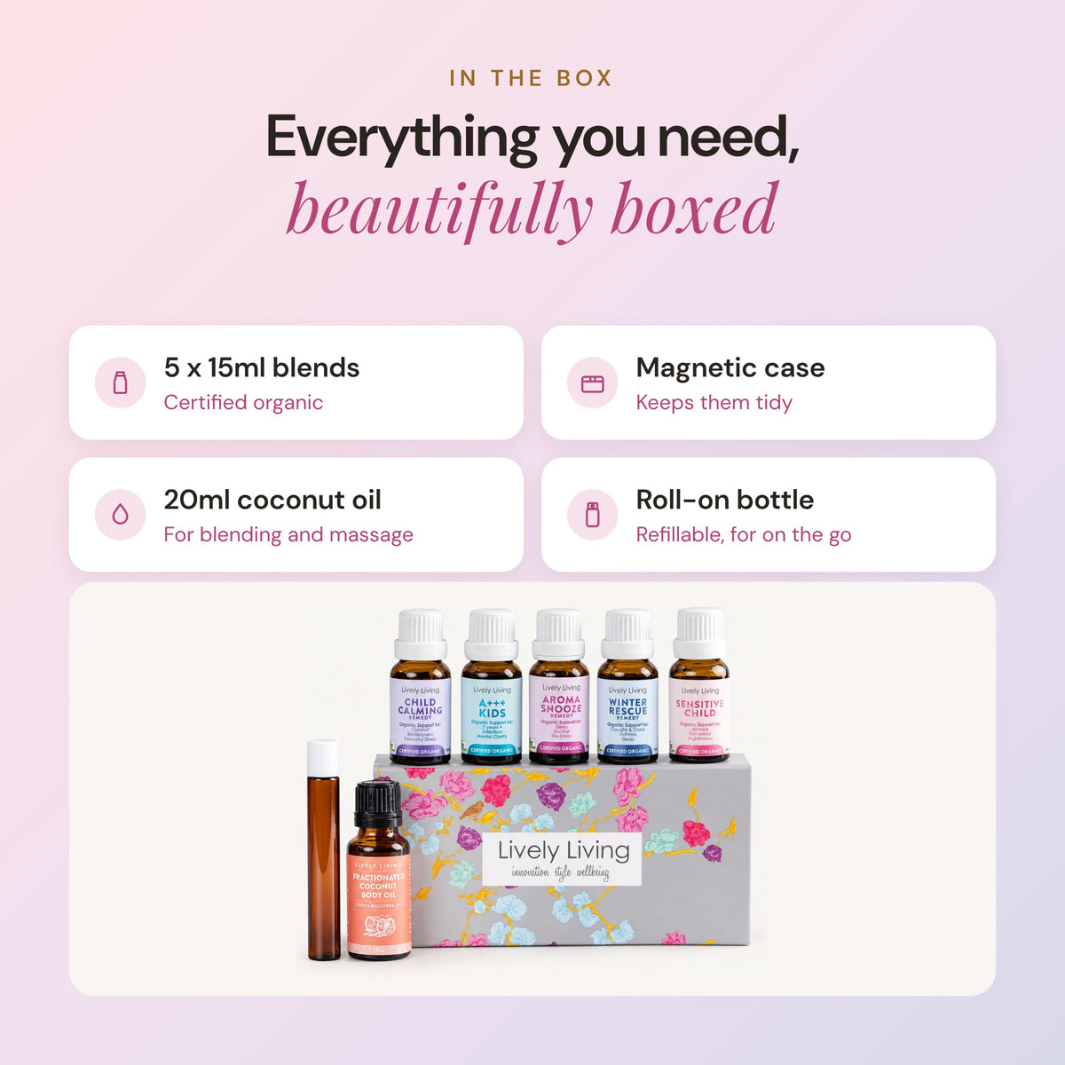 In the box: five 15ml certified organic blends, a magnetic gift case, 20ml coconut oil for blending and a refillable roll-on bottle, shown with the Kids Organic Oil Kit