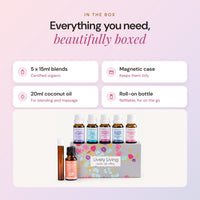 In the box: five 15ml certified organic blends, a magnetic gift case, 20ml coconut oil for blending and a refillable roll-on bottle, shown with the Kids Organic Oil Kit