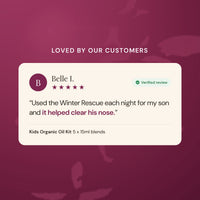 Verified five star customer review of the Kids Organic Oil Kit from Belle L. about using Winter Rescue each night for her son