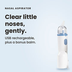 White and blue USB rechargeable nasal aspirator on a white ribbed stand