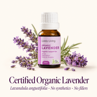 Lively Living Organic Lavender 15ml bottle surrounded by fresh lavender sprigs, with the text Certified Organic Lavender, Lavandula angustifolia, no synthetics, no fillers