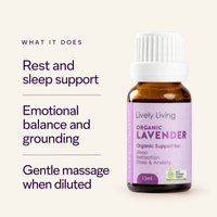 Lively Living Organic Lavender 15ml bottle on a cream background beside a text panel headed What it does