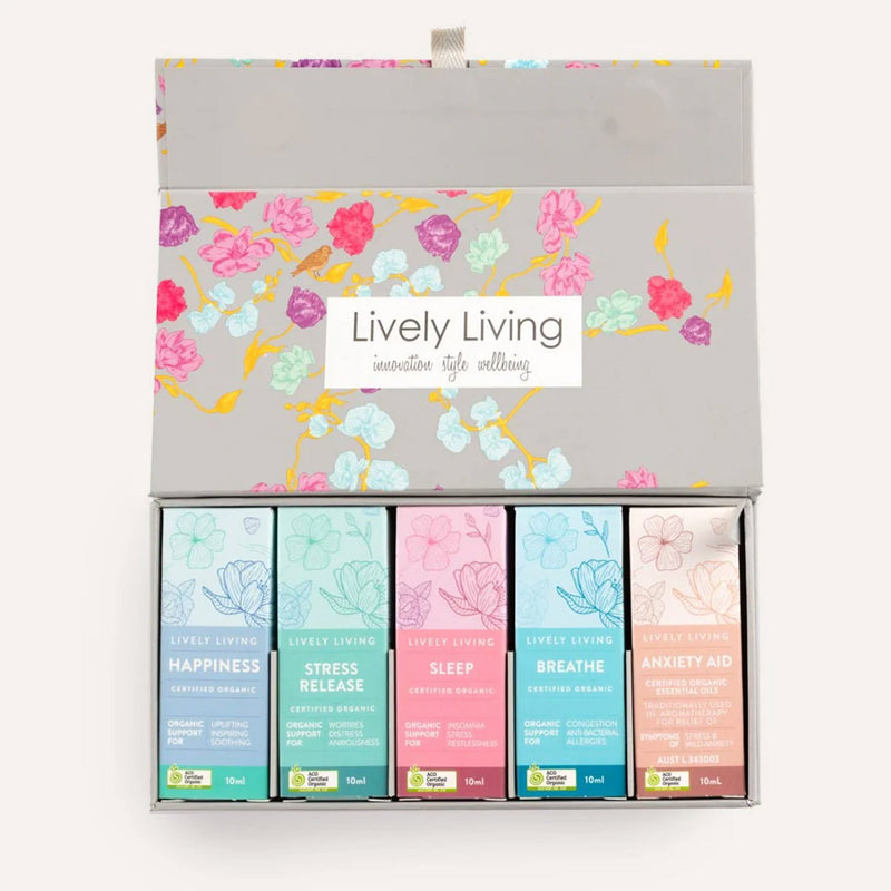 Set of colorful sachets in a Lively Living branded box with floral design.