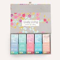 Set of colorful sachets in a Lively Living branded box with floral design.