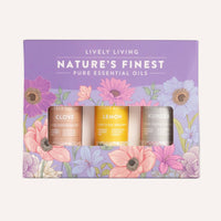 Set of essential oil bottles in a Lively Living branded box with floral design