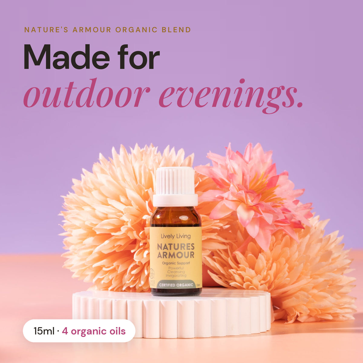 Nature's Armour certified organic essential oil 15ml with flowers: made for outdoor evenings, 4 organic oils