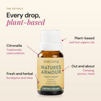 Nature's Armour details: citronella, fresh and herbal eucalyptus and clove, plant-based, for camping, picnics and travel