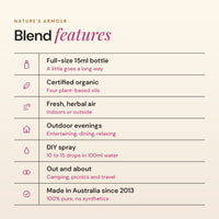 Nature's Armour blend features: full-size 15ml bottle, certified organic, fresh herbal air, outdoor evenings, DIY spray, made in Australia since 2013