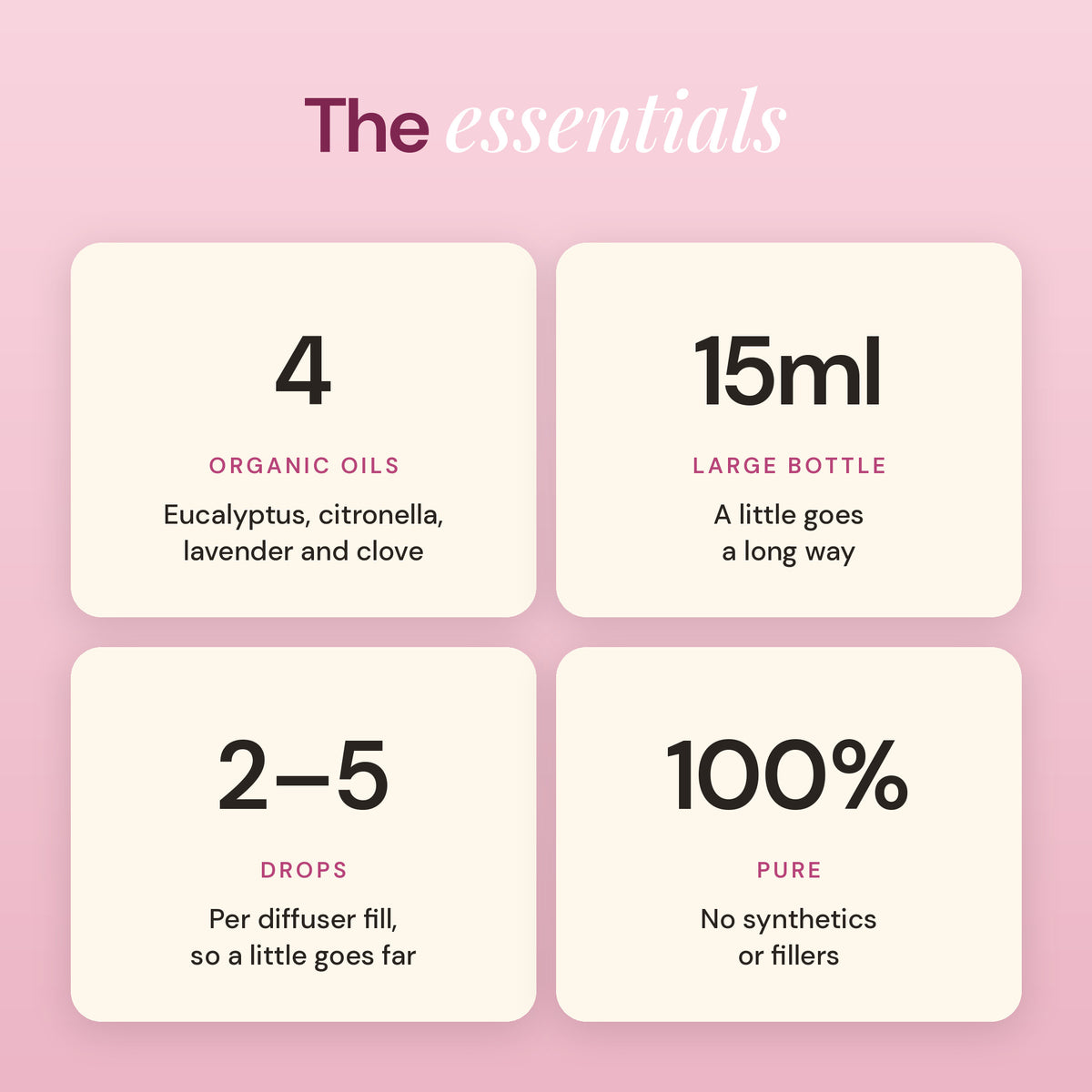 Nature's Armour essentials: 4 organic oils, 15ml bottle, 2 to 5 drops per diffuser fill, 100% pure