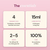 Nature's Armour essentials: 4 organic oils, 15ml bottle, 2 to 5 drops per diffuser fill, 100% pure