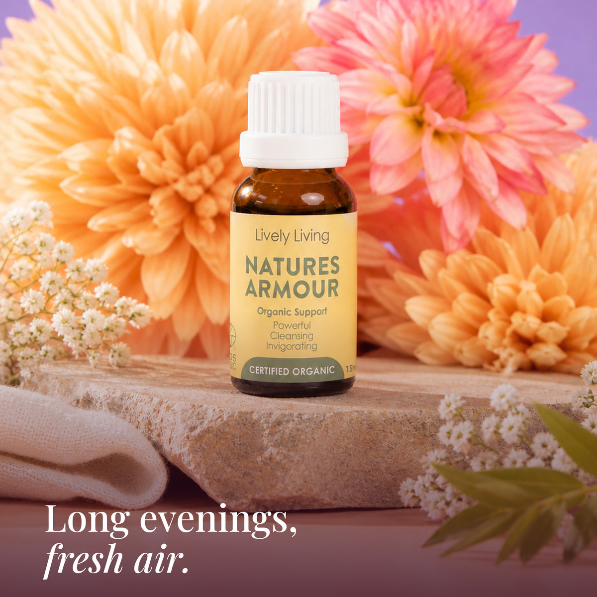 Nature's Armour oil on stone with flowers: long evenings, fresh air