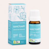 Lively Living Sanctuary certified organic product packaging and bottle on a light background