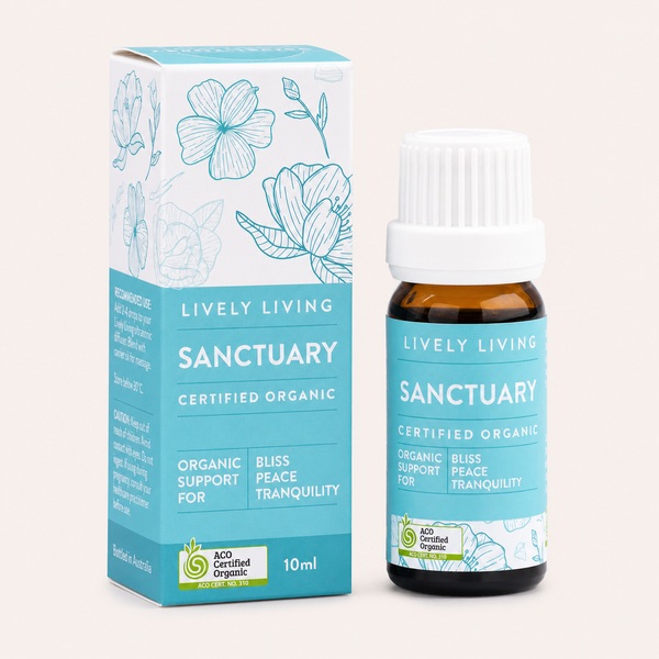 Lively Living Sanctuary certified organic product packaging and bottle on a light background