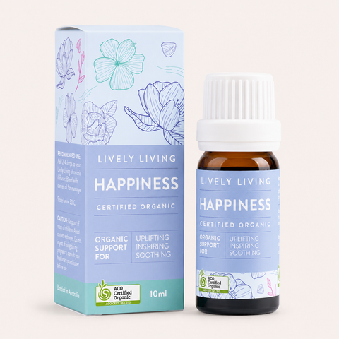 Lively Living Happiness certified organic product with bottle and box on a light background