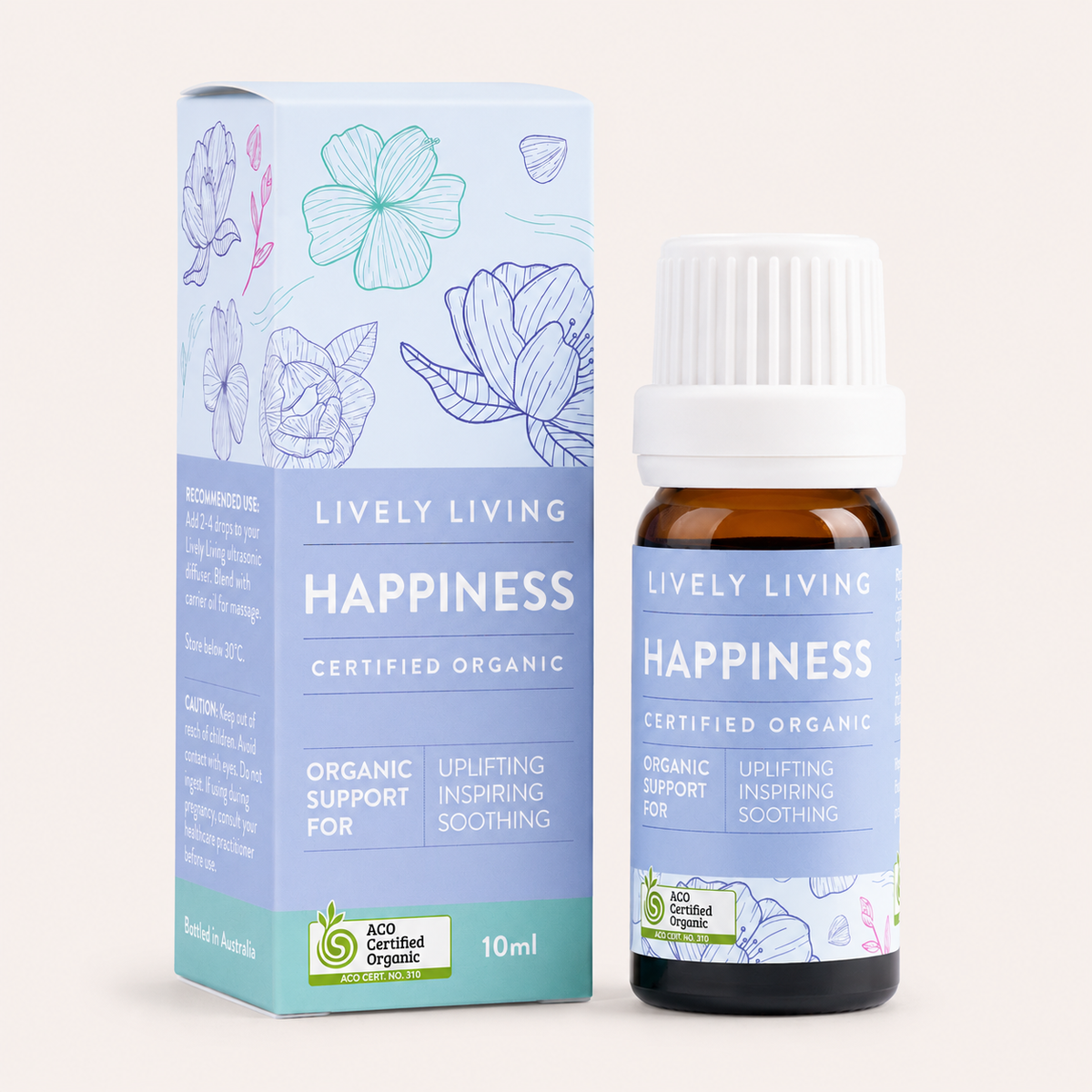 Lively Living Happiness certified organic product with bottle and box on a light background