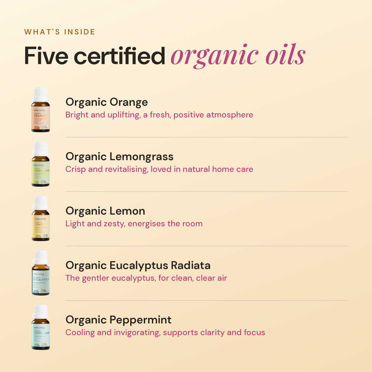 Five certified organic oils in the starter kit