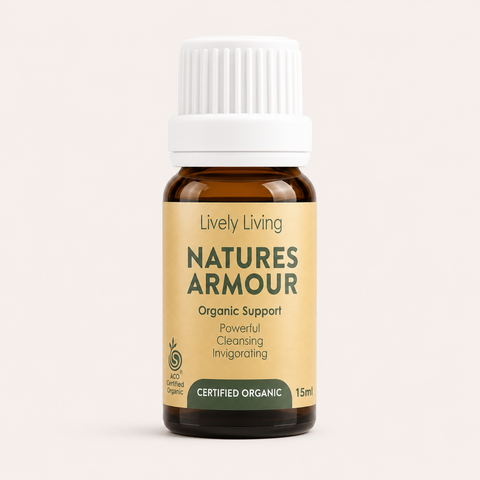 Bottle of Lively Living Natures Armour on a light beige background