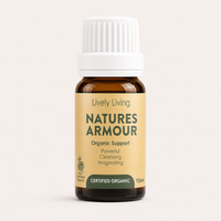 Bottle of Lively Living Natures Armour on a light beige background