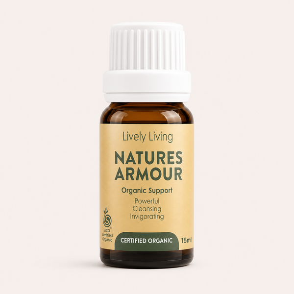 Bottle of Lively Living Natures Armour on a light beige background