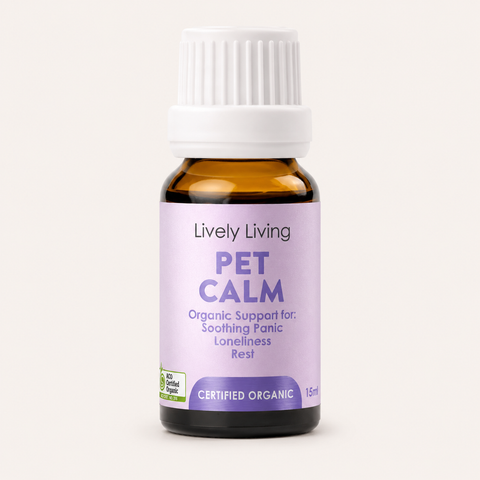 Bottle of Lively Living Pet Calm on a white background
