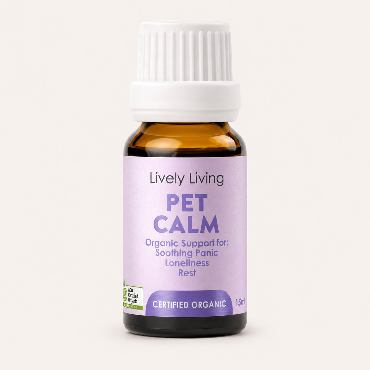 Bottle of Lively Living Pet Calm on a white background