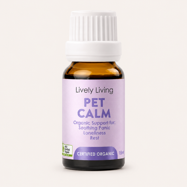 Bottle of Lively Living Pet Calm on a white background