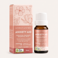 Lively Living Anxiety Aid certified organic essential oils packaging and bottle on a white background