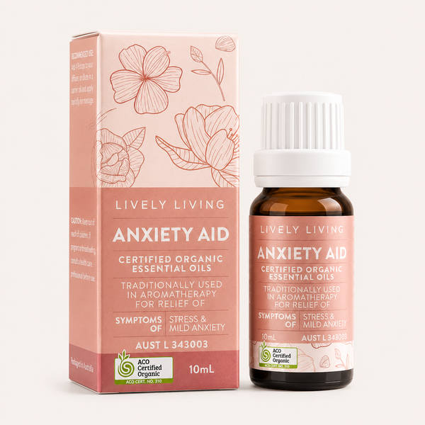 Lively Living Anxiety Aid certified organic essential oils packaging and bottle on a white background
