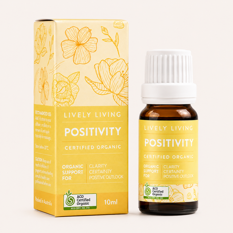 Lively Living Positivity organic supplement bottle and packaging on a white background