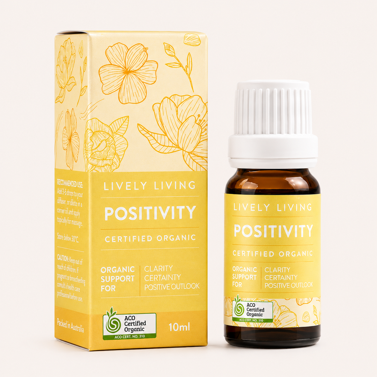 Lively Living Positivity organic supplement bottle and packaging on a white background