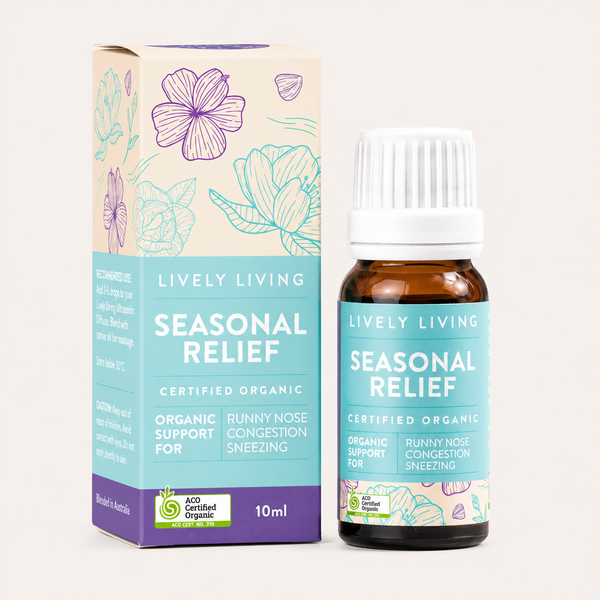 Lively Living Seasonal Relief bottle and packaging on a white background