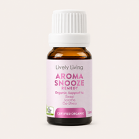 Bottle of Lively Living Aroma Snooze Remedy on a white background