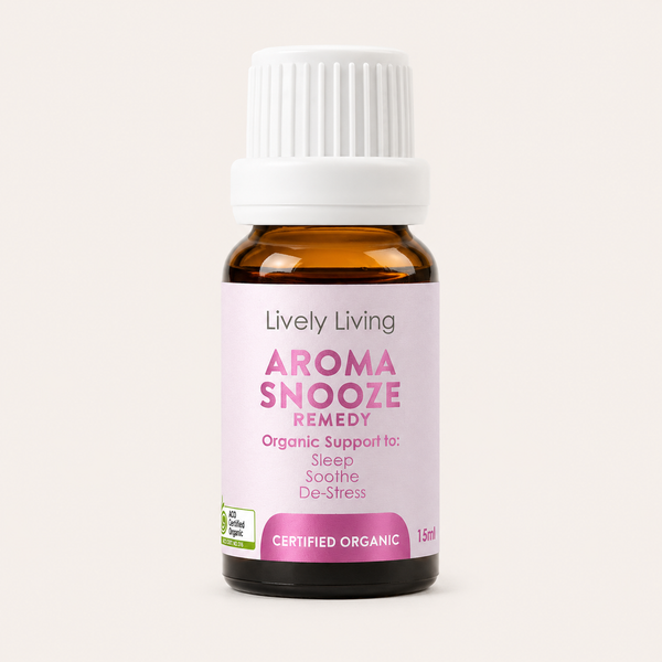 Bottle of Lively Living Aroma Snooze Remedy on a white background