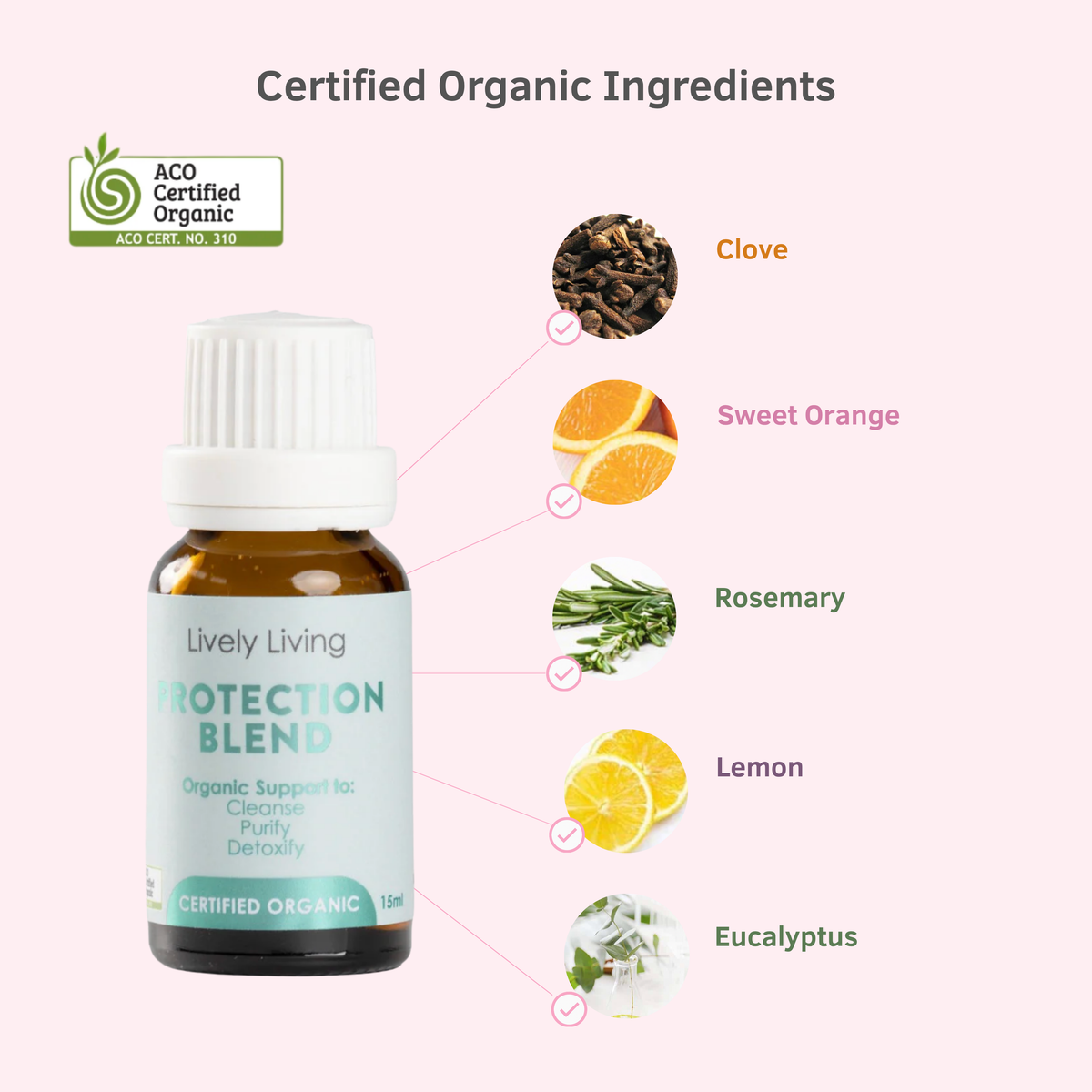 Lively Living Protection Blend bottle with organic ingredients displayed on a white background