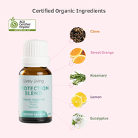 Lively Living Protection Blend bottle with organic ingredients displayed on a white background