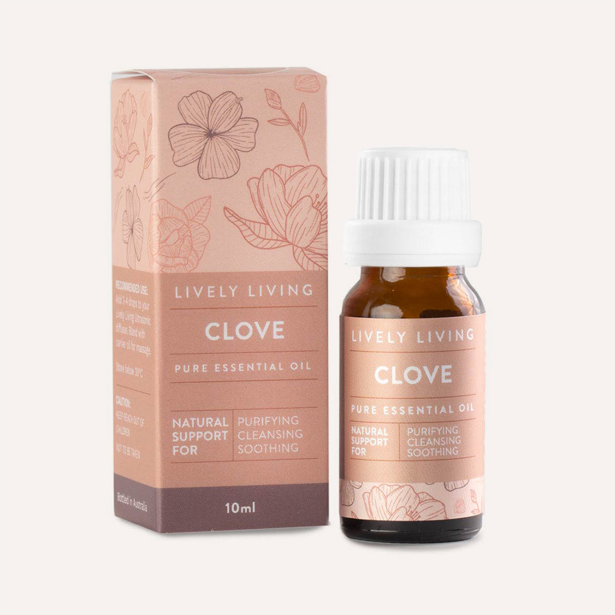 Lively Living Clove pure essential oil bottle and packaging on a white background