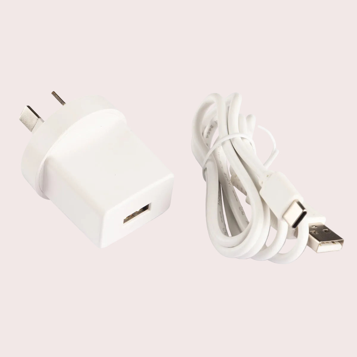 Aroma-Recharge USB charging cord and AU wall charging block on a white background