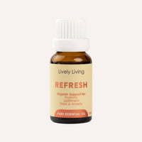 Lively Living Refresh essential oil bottle on a white background