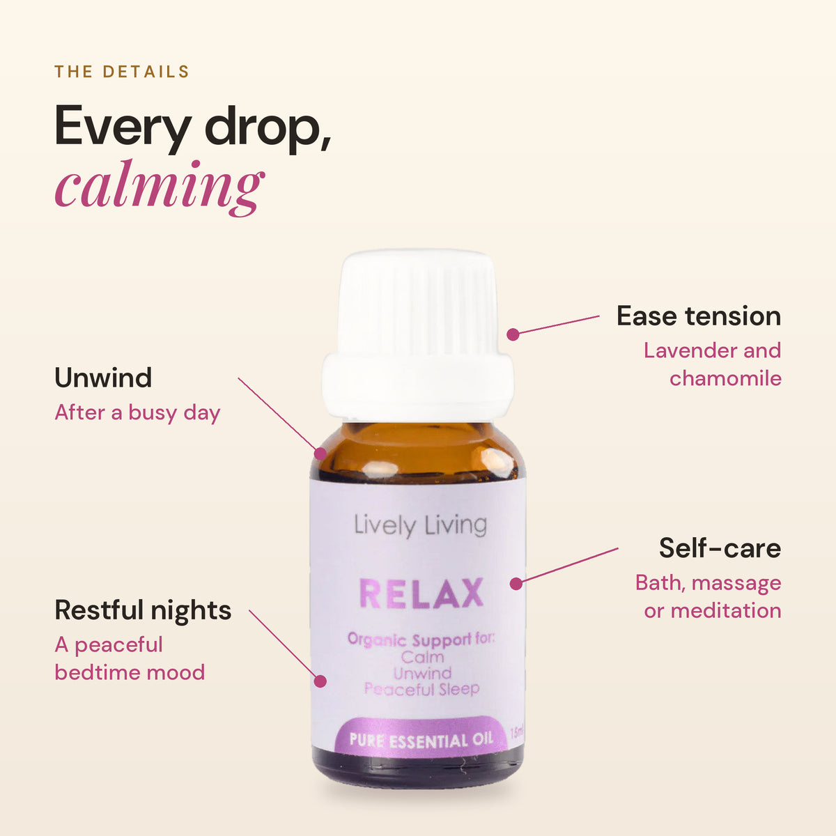 Relax essential oil details: unwind, restful nights, ease tension, self-care