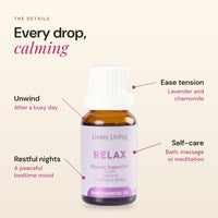 Relax essential oil details: unwind, restful nights, ease tension, self-care