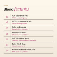 Relax blend features: 100% pure essential oils, calm and relaxed, peaceful bedtime, soft florals and wood