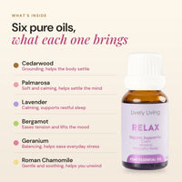 What's inside Relax: cedarwood, palmarosa, lavender, bergamot, geranium and Roman chamomile, and what each oil brings