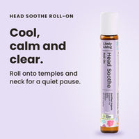 Lively Living Head Soothe certified organic roll-on on a lilac background, headline Cool, calm and clear: roll onto temples and neck for a quiet pause