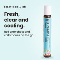 Lively Living Breathe certified organic roll-on on an aqua background, headline Fresh, clear and cooling: roll onto chest and collarbones on the go