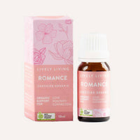Lively Living Romance organic product with pink packaging and bottle on a white background