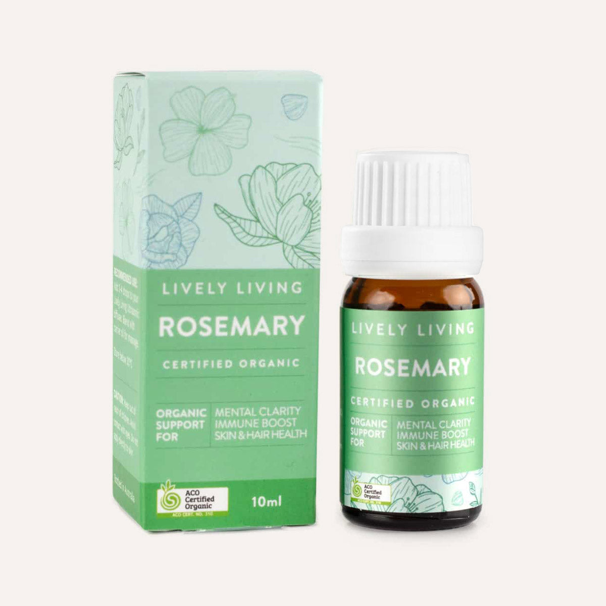 Lively Living Rosemary essential oil bottle and packaging on a white background
