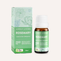 Lively Living Rosemary essential oil bottle and packaging on a white background
