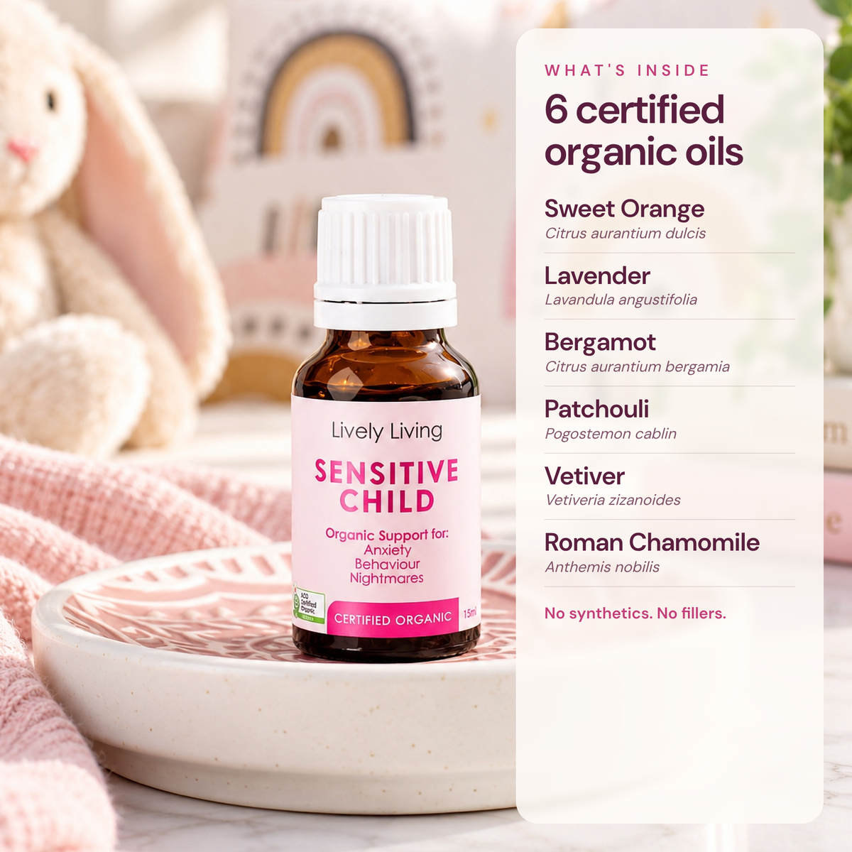 Sensitive Child certified organic essential oil on a pink dish beside its 6 certified organic oils: Sweet Orange, Lavender, Bergamot, Patchouli, Vetiver and Roman Chamomile