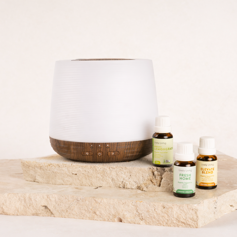 Aromatherapy diffuser and essential oil bottles on a stone surface with a white background